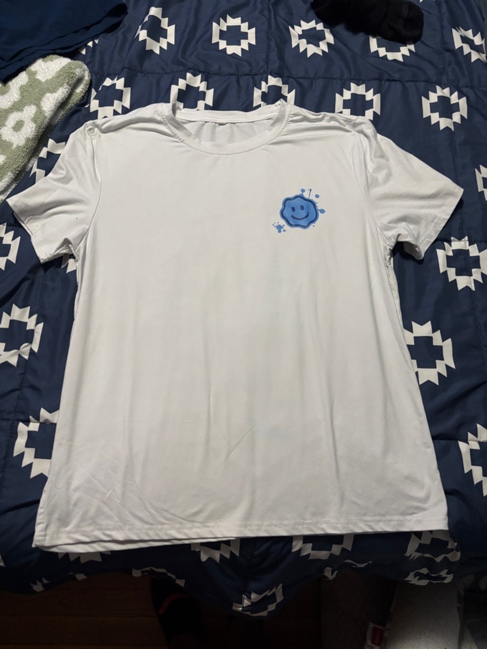 Men's White Graphic Tee with Blue Smiley Chest Print